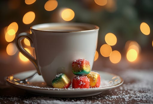 A warm cup of coffee paired with a colorful piece of Turkish delight, set against a festive background with vibrant bokeh lights. Perfect for holiday themes, cozy moments, and seasonal designs.