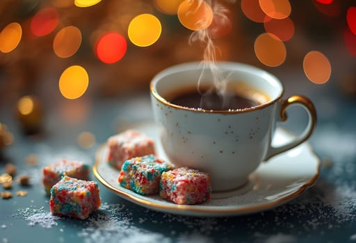A warm cup of coffee paired with a colorful piece of Turkish delight, set against a festive background with vibrant bokeh lights. Perfect for holiday themes, cozy moments, and seasonal designs.