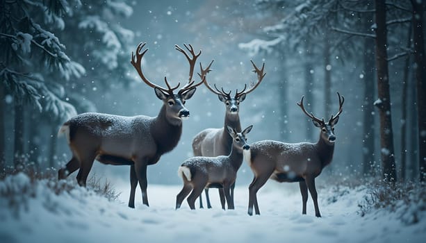 A magical Christmas scene featuring a noble deer family in a snowy winter forest, with snowflakes falling in blue and white.