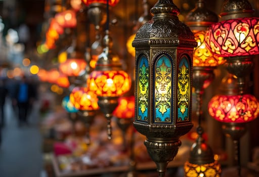 Colorful Turkish lanterns hanging in the Grand Bazaar, Istanbul, casting vibrant reflections and showcasing traditional craftsmanship.