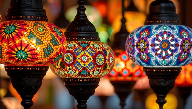 Colorful Turkish lanterns hanging in the Grand Bazaar, Istanbul, casting vibrant reflections and showcasing traditional craftsmanship.