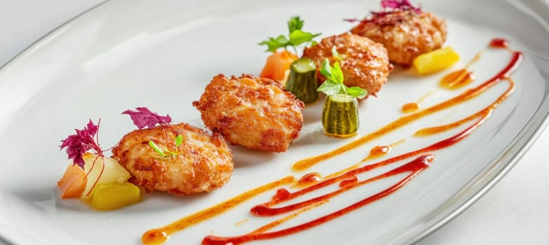Gourmet appetizer of crispy chicken or fish nuggets served with vegetables and a sweet and sour sauce