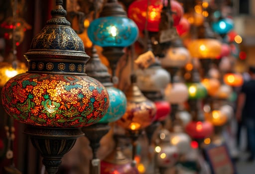 Colorful Turkish lanterns hanging in the Grand Bazaar, Istanbul, casting vibrant reflections and showcasing traditional craftsmanship.