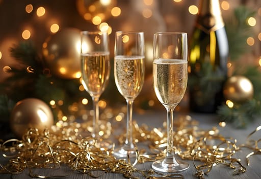 A joyful New Year celebration featuring champagne, shiny decorations, and festive ambiance, marking the beginning of a new year.