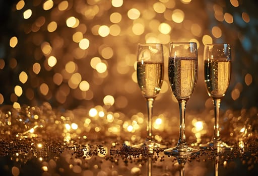 A joyful New Year celebration featuring champagne, shiny decorations, and festive ambiance, marking the beginning of a new year.