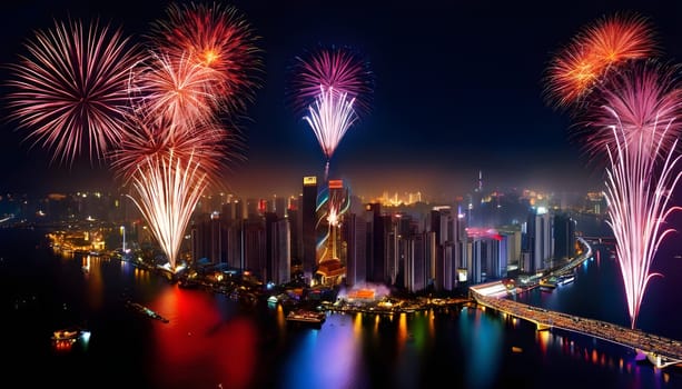 A dazzling fireworks display bursts over a glowing city skyline, celebrating New Year's Eve with colorful lights and excitement.