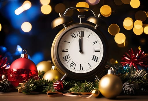 A New Year’s Eve countdown clock surrounded by festive decorations, capturing the excitement and anticipation of the upcoming celebration.
