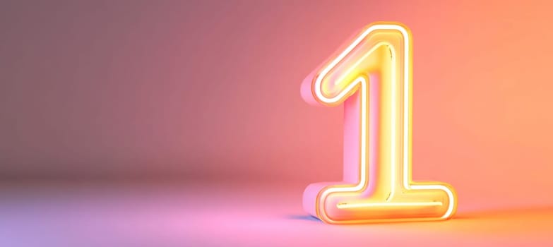 3d rendering of number one glowing in pink and orange neon light on pink background