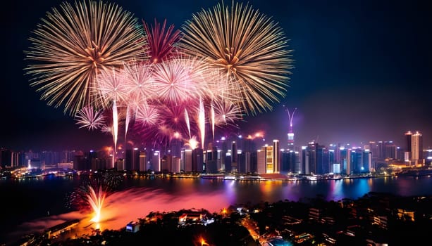 A dazzling fireworks display bursts over a glowing city skyline, celebrating New Year's Eve with colorful lights and excitement.