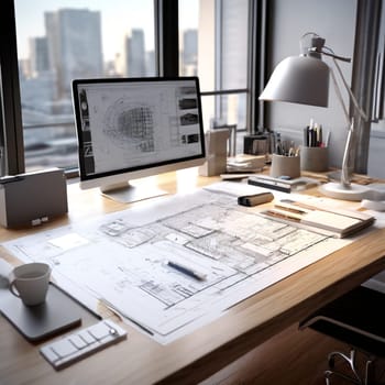 Modern workspace setup showcasing architectural tools, drafting equipment, and plans, emphasizing a creative, professional, and organized design environment.