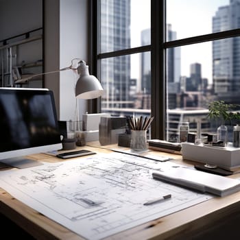 Modern workspace setup showcasing architectural tools, drafting equipment, and plans, emphasizing a creative, professional, and organized design environment.