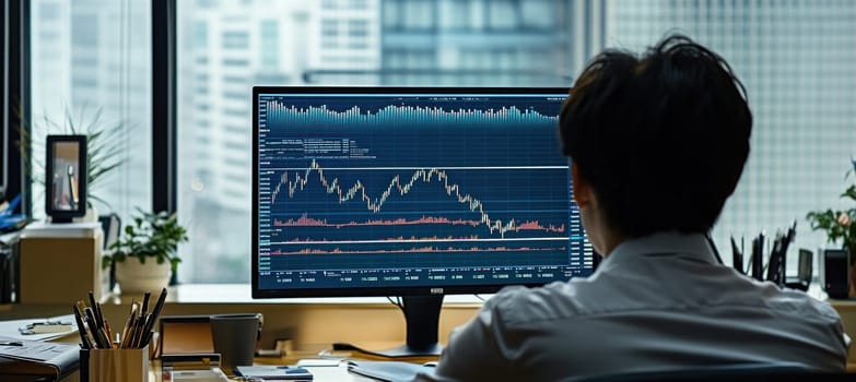 Stock trader analyzing cryptocurrency chart data on computer screen in office with city view