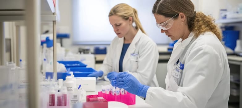 Two female scientists working with test tubes, developing new treatments and conducting experiments in a medical research laboratory