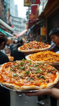 Street food vendors holding large pizzas and pasta dishes in a bustling marketplace
