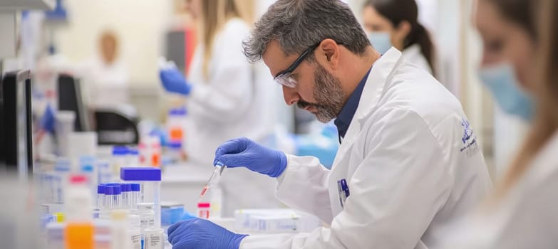 Scientist wearing lab coat and gloves carefully analyzing sample using pipette in modern laboratory, with colleagues working in the background