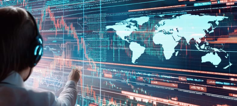 Businesswoman analyzing global stock market data, charts and graphs showing worldwide trading activity