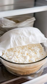 Cottage cheese is draining in a glass bowl covered with cheesecloth in a refrigerator, showcasing healthy eating and food preservation