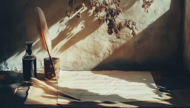 Quill pen, inkwell and handwritten letter bathed in warm sunlight evoke a sense of history and nostalgia