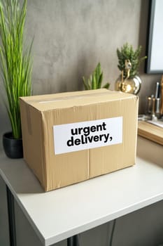 Cardboard box with urgent delivery label placed on a white table in an office environment, suggesting fast and prioritized shipping