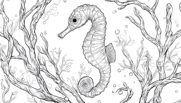 Intricate illustration of a seahorse navigating a kelp forest, rendered in black and white