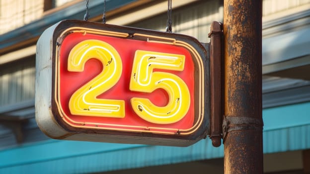 Neon number twenty five sign hanging from a rusty metal pole