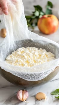 Fresh cheese draining in cheesecloth in a bowl, with garlic, basil, and an apple nearby, showcasing homemade cheesemaking