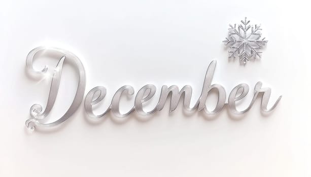Silver december writing with a stylized snowflake on a white background representing the christmas holidays