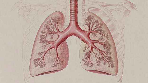 Detailed anatomical illustration of human lungs highlighting bronchial tree within rib cage
