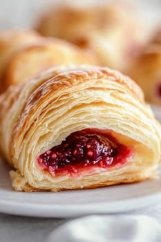 Freshly baked puff pastry revealing flaky layers and filled with sweet raspberry jam