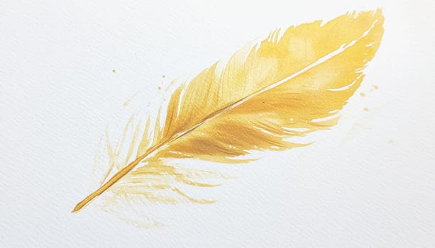 Elegant golden feather painted with watercolor on textured white paper, creating a delicate and artistic image