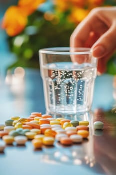 Hand taking a glass of water, ready to take colorful medicine pills on a table, with flowers in the background