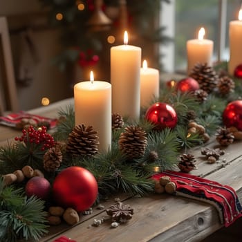 A rustic wooden table adorned with glowing candles, pinecones, and red ornaments, creating a cozy and festive holiday ambiance.