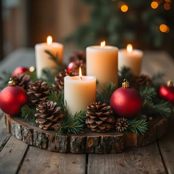 A rustic wooden table adorned with glowing candles, pinecones, and red ornaments, creating a cozy and festive holiday ambiance.