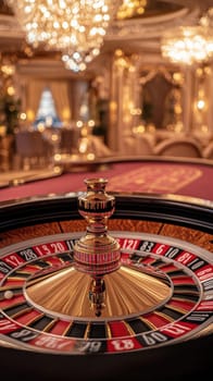 Close up of a roulette wheel spinning in a luxurious casino, with elegant chandeliers and blurred background