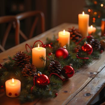 A rustic wooden table adorned with glowing candles, pinecones, and red ornaments, creating a cozy and festive holiday ambiance.
