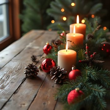 A rustic wooden table adorned with glowing candles, pinecones, and red ornaments, creating a cozy and festive holiday ambiance.