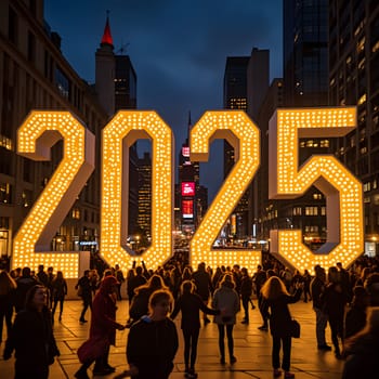 A glowing "2025" sign lights up a bustling city square as cheerful crowds gather to welcome the New Year joyfully.