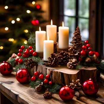 A rustic wooden table adorned with glowing candles, pinecones, and red ornaments, creating a cozy and festive holiday ambiance.