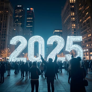 A glowing "2025" sign lights up a bustling city square as cheerful crowds gather to welcome the New Year joyfully.