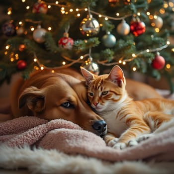 A heartwarming scene of a dog and cat peacefully lying together under a beautifully decorated Christmas tree, surrounded by festive cheer.