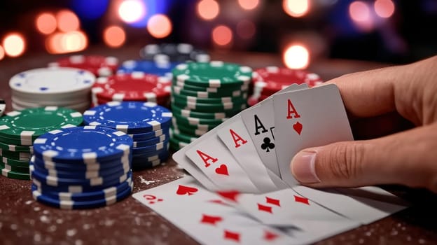 Hand holding playing cards with four aces in a casino setting with colorful poker chips and blurred lights in the background