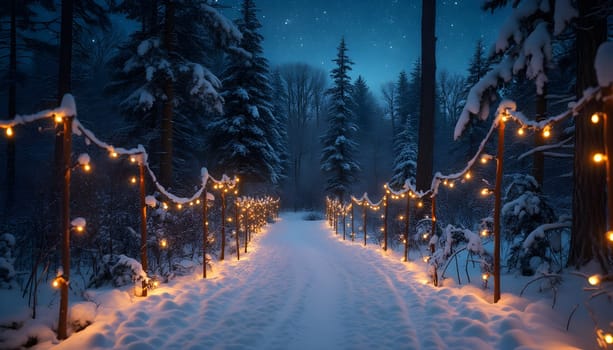 A winding forest path lit by golden fairy lights, surrounded by snow-covered trees and a starry night sky.