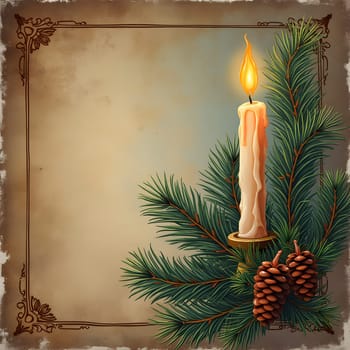A vintage-styled Christmas and New Year holiday design featuring a candle, fir tree with cones, and a nostalgic winter backdrop.