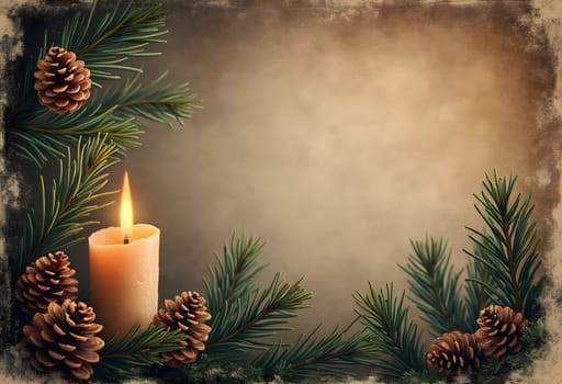 A vintage-styled Christmas and New Year holiday design featuring a candle, fir tree with cones, and a nostalgic winter backdrop.