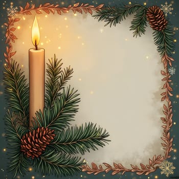 A vintage-styled Christmas and New Year holiday design featuring a candle, fir tree with cones, and a nostalgic winter backdrop.