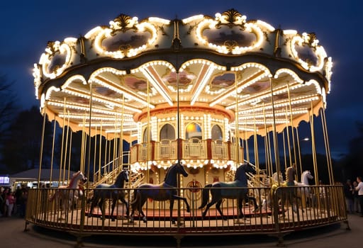 A magical nighttime scene featuring a vintage carousel illuminated by twinkling lights, creating a whimsical and festive atmosphere.