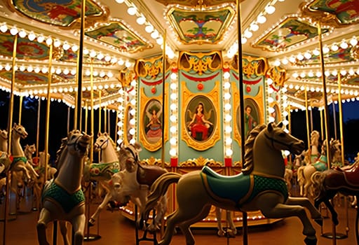 A magical nighttime scene featuring a vintage carousel illuminated by twinkling lights, creating a whimsical and festive atmosphere.