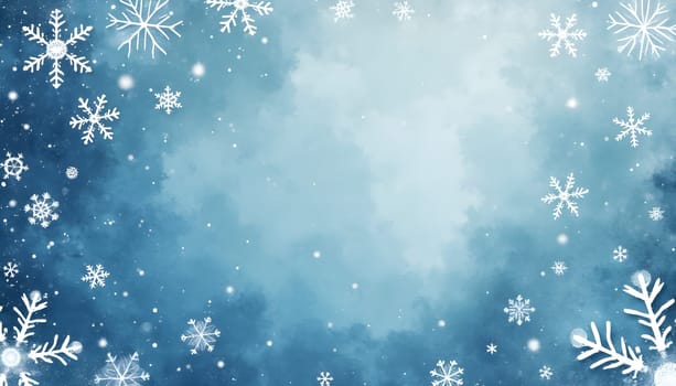 A soft, blue watercolor background with delicate snowflakes, perfect for winter and Christmas-themed designs, with copy space.