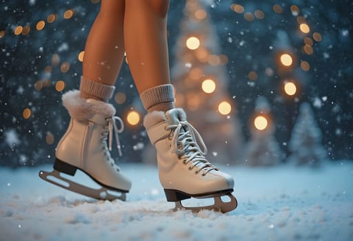 A festive scene featuring a woman's legs in ice skates, with a vibrant Christmas background showcasing winter magic and cheer.