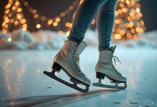 A festive scene featuring a woman's legs in ice skates, with a vibrant Christmas background showcasing winter magic and cheer.